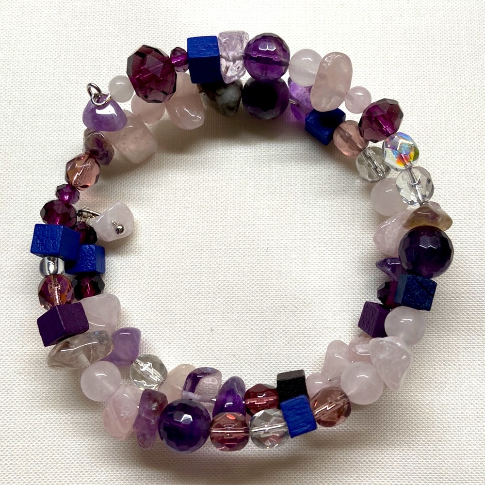 Handmade amethyst, rose quartz, glass and wood beaded bracelet.